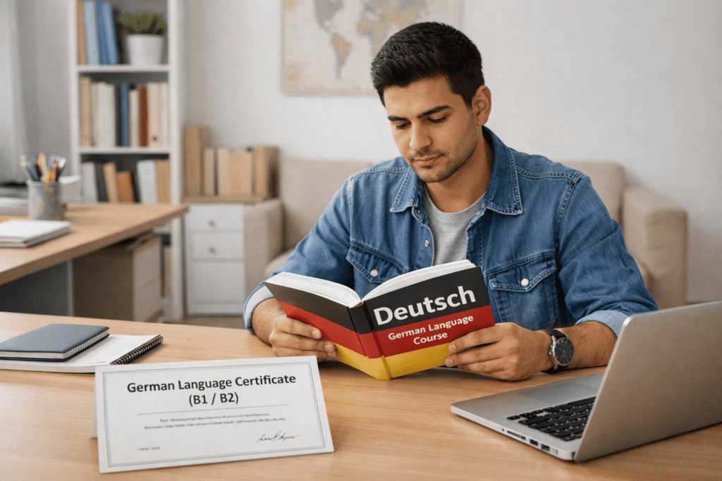 Studying, nursing ausbildung in Germany in a bright study room