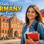Study in Germany for free at a public university campus with international student and German flag