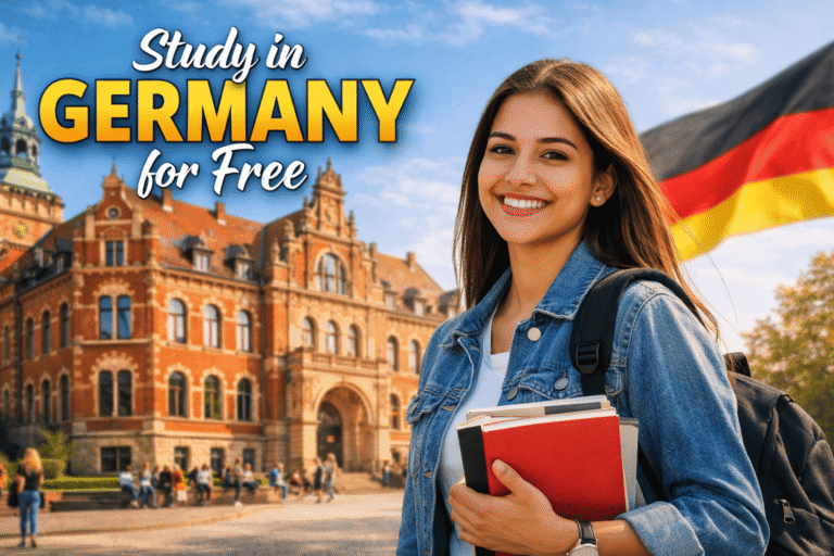 Study in Germany for free at a public university campus with international student and German flag