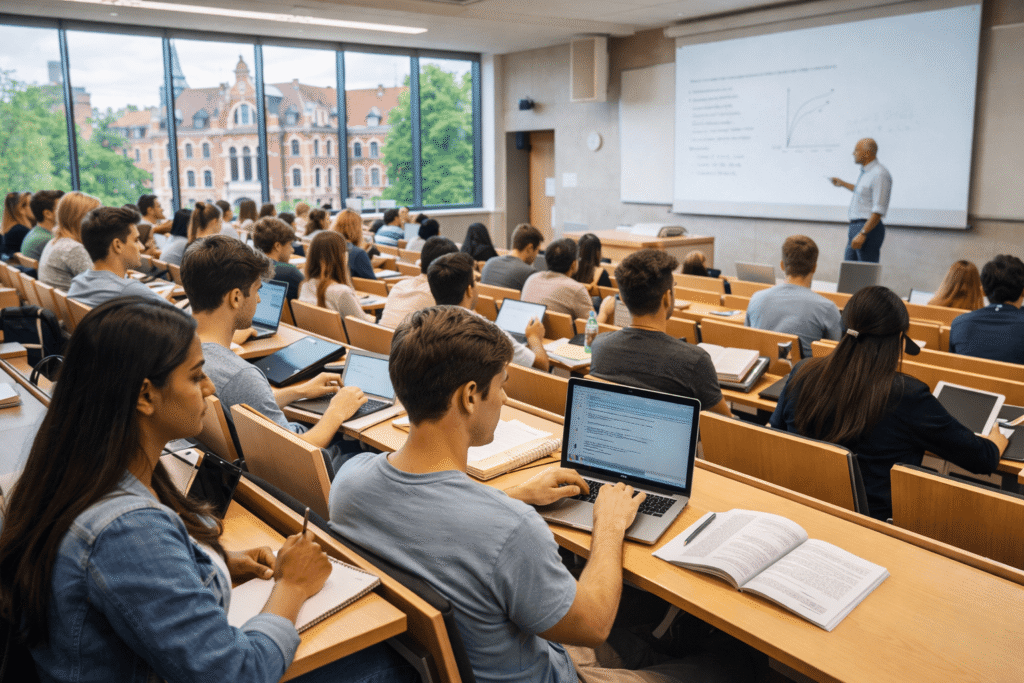 Students attending a lecture in a modern public university classroom in Germany showing how international students can study in Germany for free