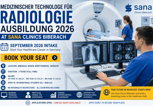 Medizinischer technologe fur radiologie ausbildung bei Sana Kliniken Biberach. Start September 2026. Gehalt bis €1.522. Jetzt bewerben!