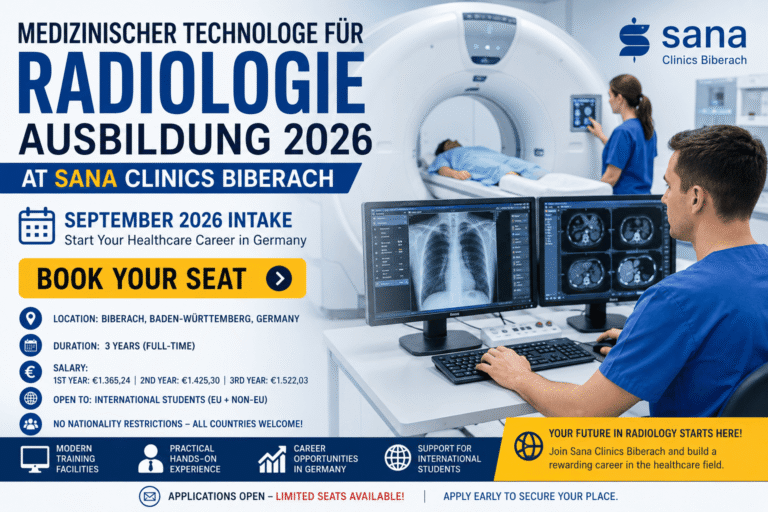 Medizinischer technologe fur radiologie ausbildung bei Sana Kliniken Biberach. Start September 2026. Gehalt bis €1.522. Jetzt bewerben!