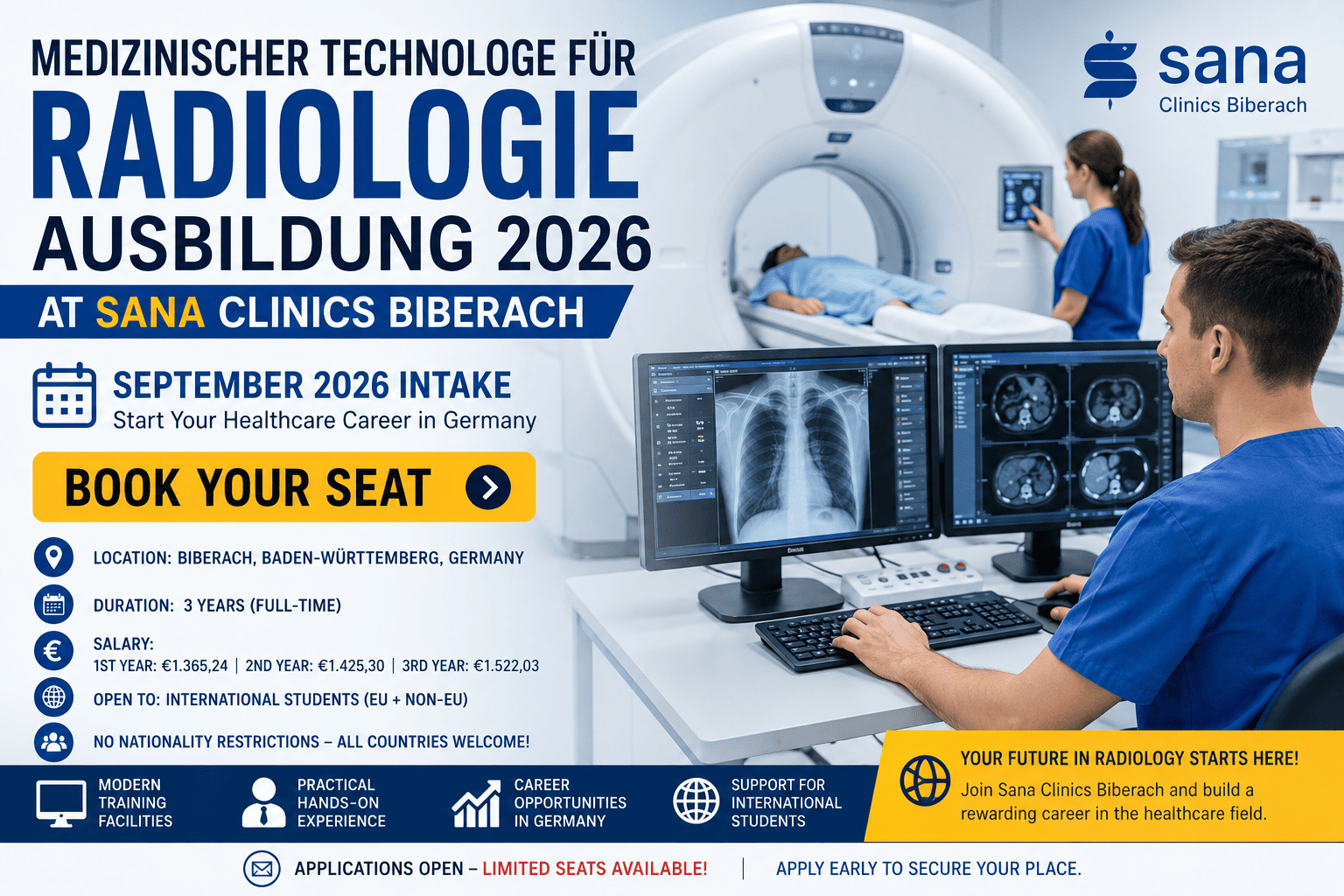 Medizinischer technologe fur radiologie ausbildung bei Sana Kliniken Biberach. Start September 2026. Gehalt bis €1.522. Jetzt bewerben!